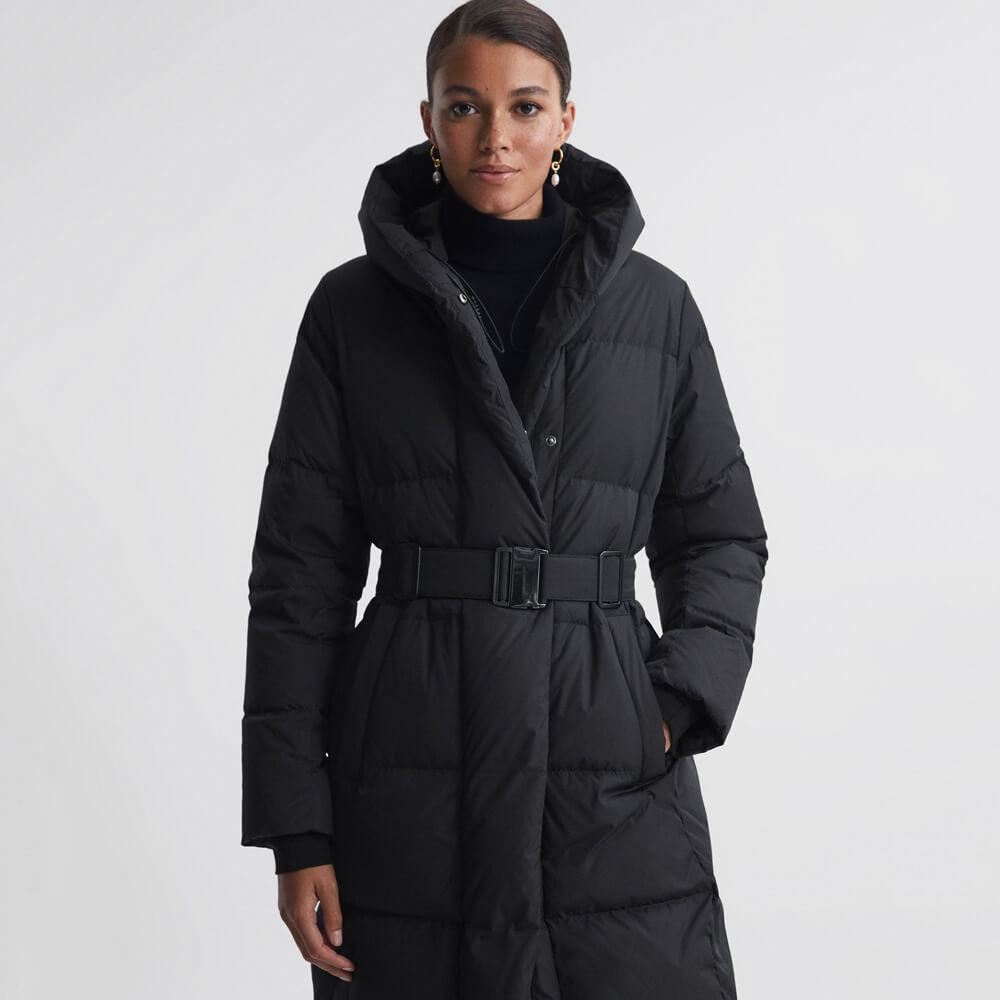 Long belted padded clearance coat